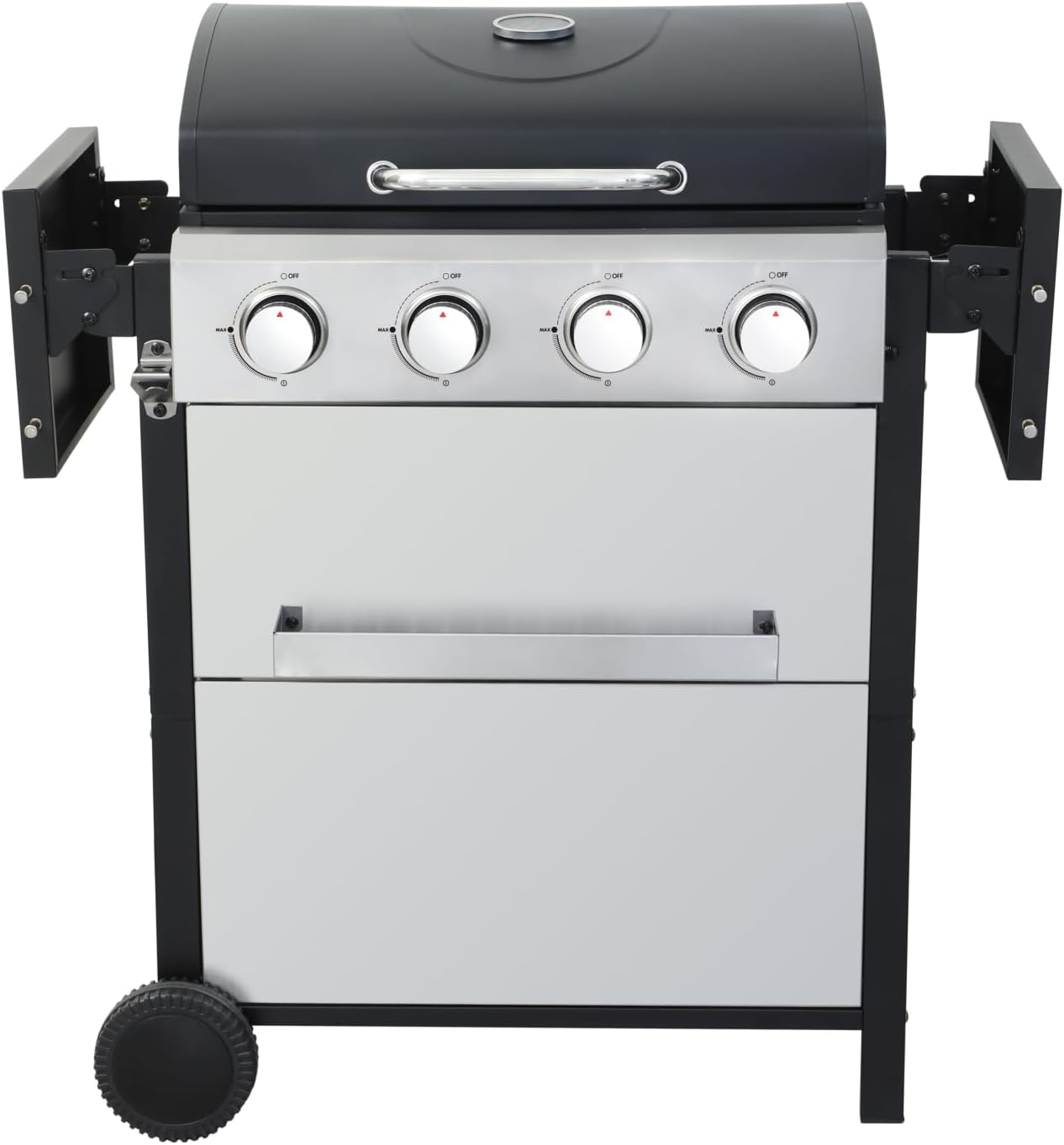 4-Burner Portable Propane Gas Grill with Stainless Steel Plancha Griddle - 34200 BTU Outdoor BBQ Grill with Foldable Side Shelves, Enamel Cooking Grids & Tool Hanging Basket