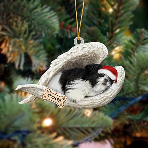 NAZENTI Adorno personalizado de Shih Tzu Sleep in Angel Wings en blanco y negro, adorno de Navidad personalizado para perro, acrílico impreso en 2D