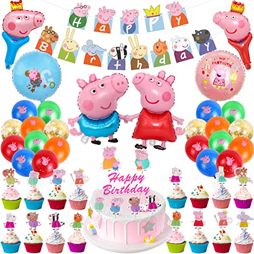 Kinder Geburtstags Luftballons Set 47 Stück, 6 Folienballon +15 Latexballon+1 Happy Birthday Banner+ 24 Cake Topper +1 Große Kuchendekoration, Kindergeburtstag Party Ballon Deko Supplies Cover