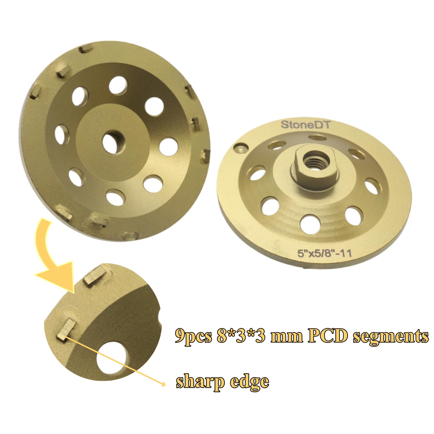 5’’ PCD Diamond Grinding Wheel, Concrete Grinding Cup Wheel for Thin Epoxy Glue Mastic Paint Coating Removing, 9 Segments, 5/8’’-11 Thread