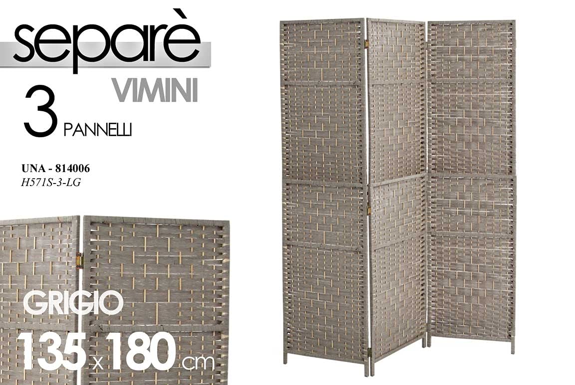 Gicos Separè in Vimini 3 Pannelli 135 * 180 cm Colore Grigio Shabby Chic UNA-814006