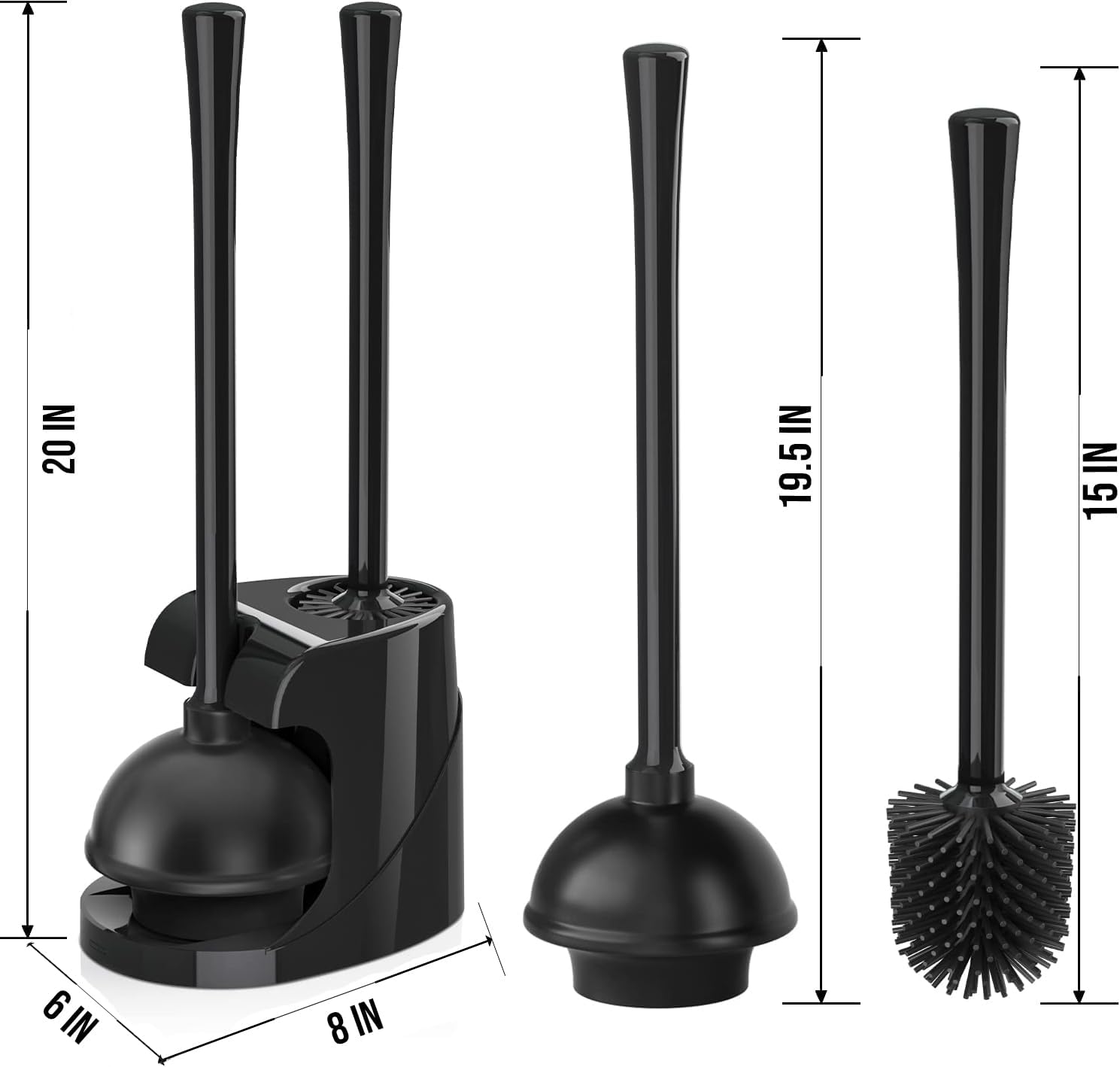 Black Toilet Brush and Plunger Set with Ventilated Holder