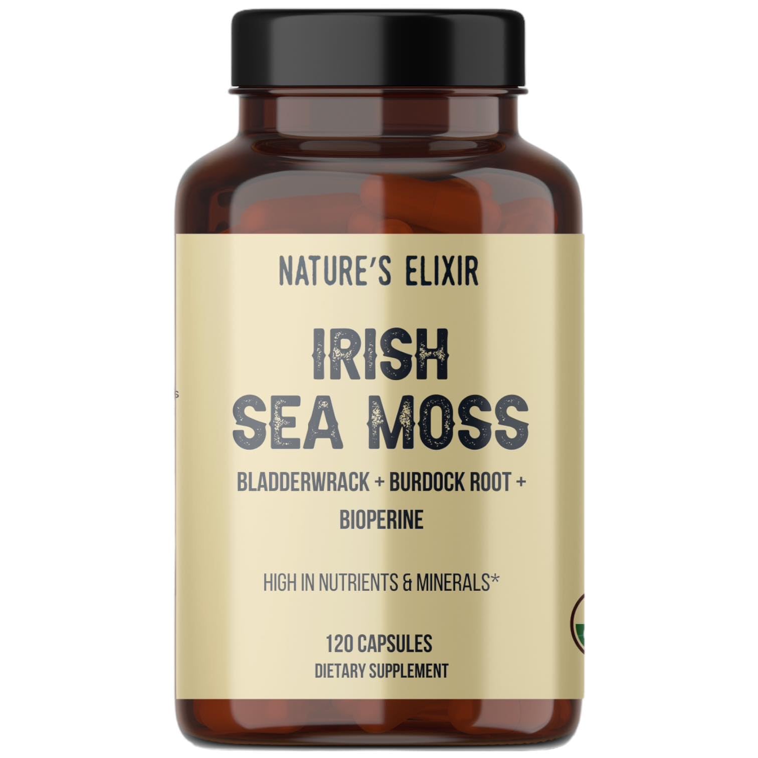 Organic Sea Moss Capsules with Bladderwrack & Burdock Root - 100% Pure Irish Sea Moss - Vegan, Non-GMO, Gluten-Free - Thyroid & Immune Support - 120 Capsules