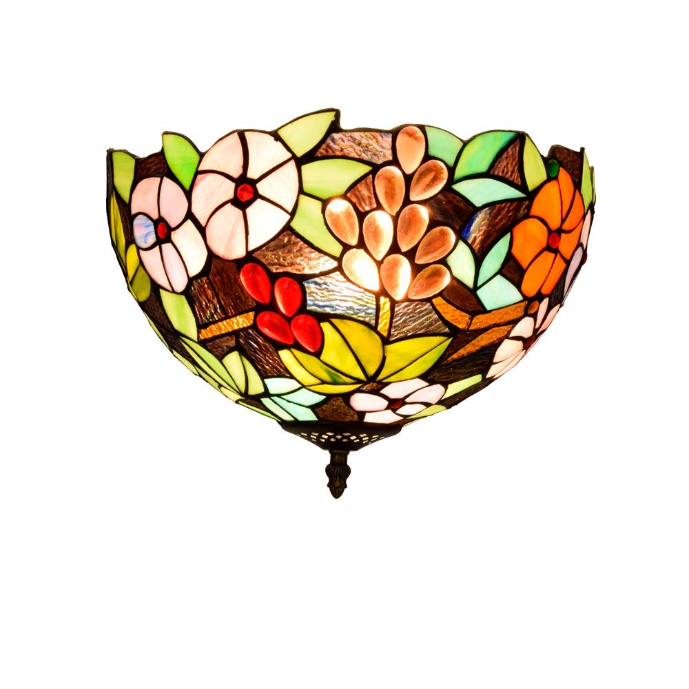 Tiffany Flush Mount Ceiling Light, 12 Inch Grape Flowers Stained Glass Chandelier Uplighter Lamp Vintage Style Deco for Living Dining Room Bedroom Corridor