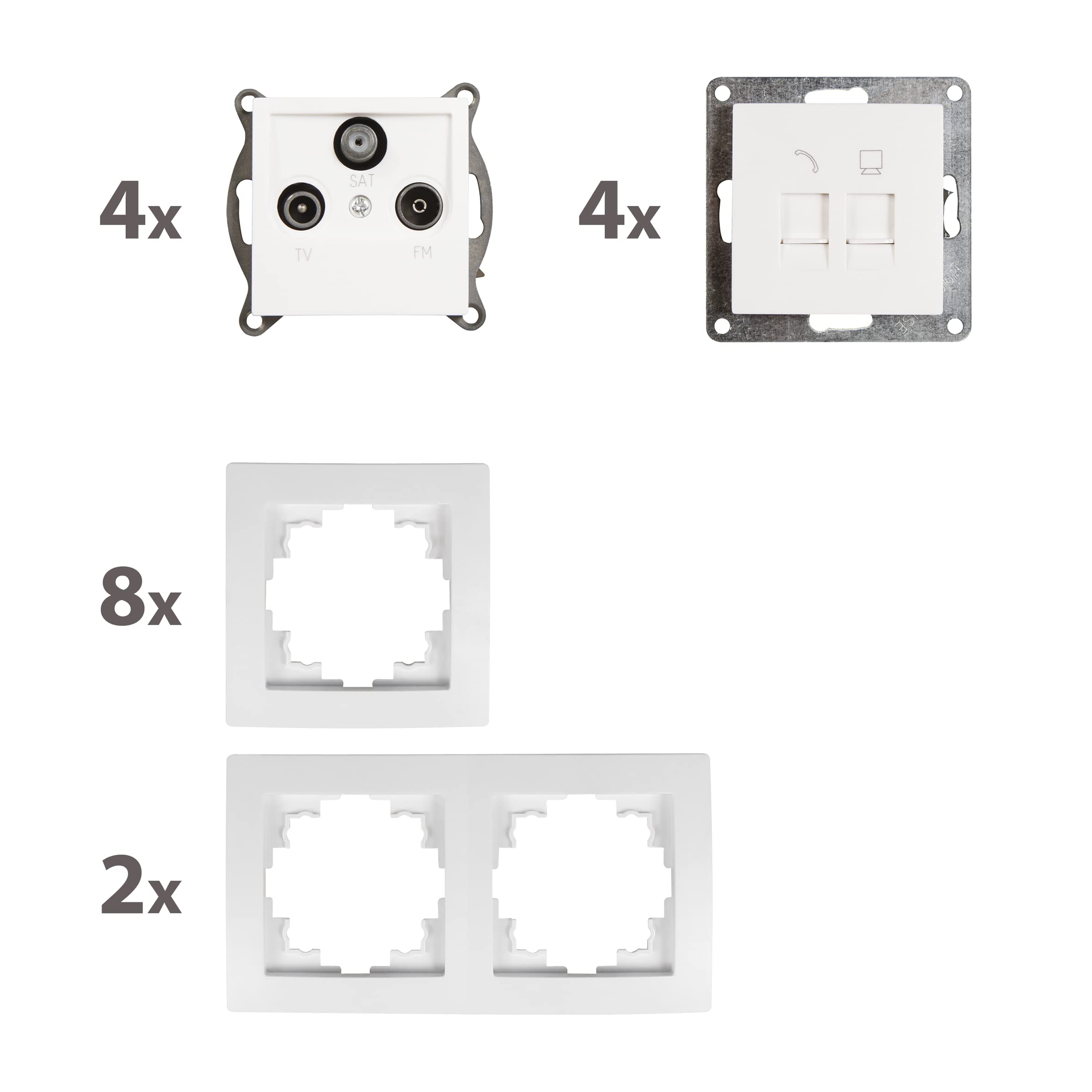 MC POWER - FLAIR - Wand-Steckdosen Set I Multimedia I 18-teilig I Antennendose, Netzwerkdose, Telefondose mit Rahmen weiß, matt