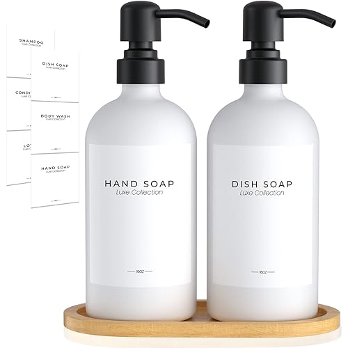 Glass Soap Dispenser Set for Kitchen Hand Soap Dish Soap, Bathroom Shampoo Conditioner Dispenser for Shower Soap Lotion, Modern Pump Bottles with Black&Gold Stainless Pump Wood Tray Waterproof Labels