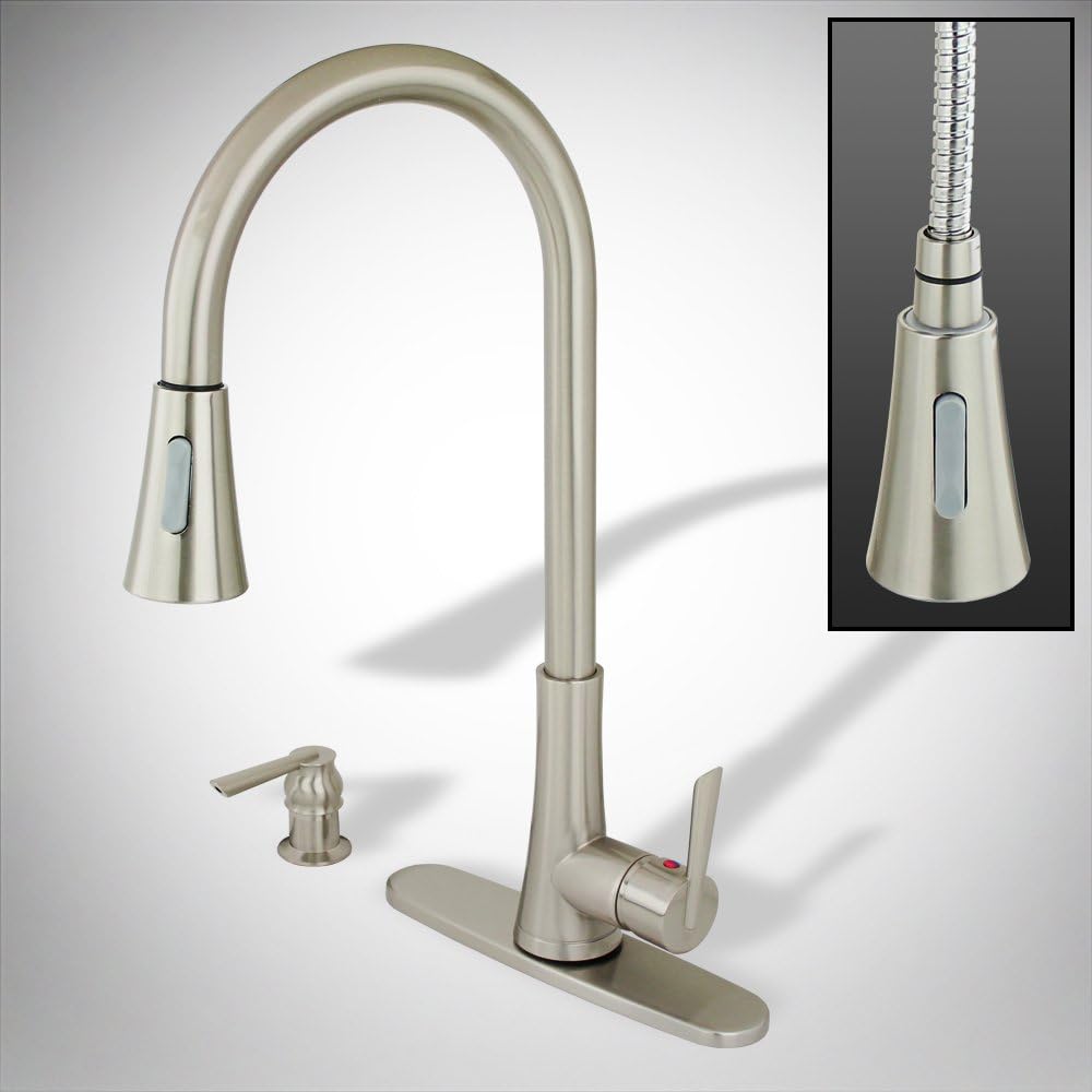 Brushed Nickel Kitchen Sink Faucet Pull Out Spray with Soap Dispenser and Deck Cover Plate