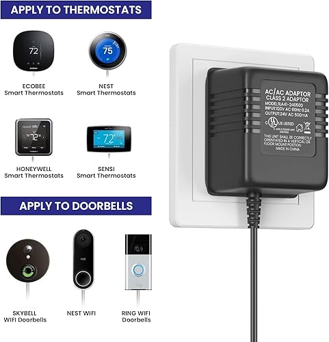 Miniatura 2 de Adaptador/transformador de corriente de 24 V, adaptador de termostato con cable de 196.8 pulgadas, todas las versiones de timbre de anillo y