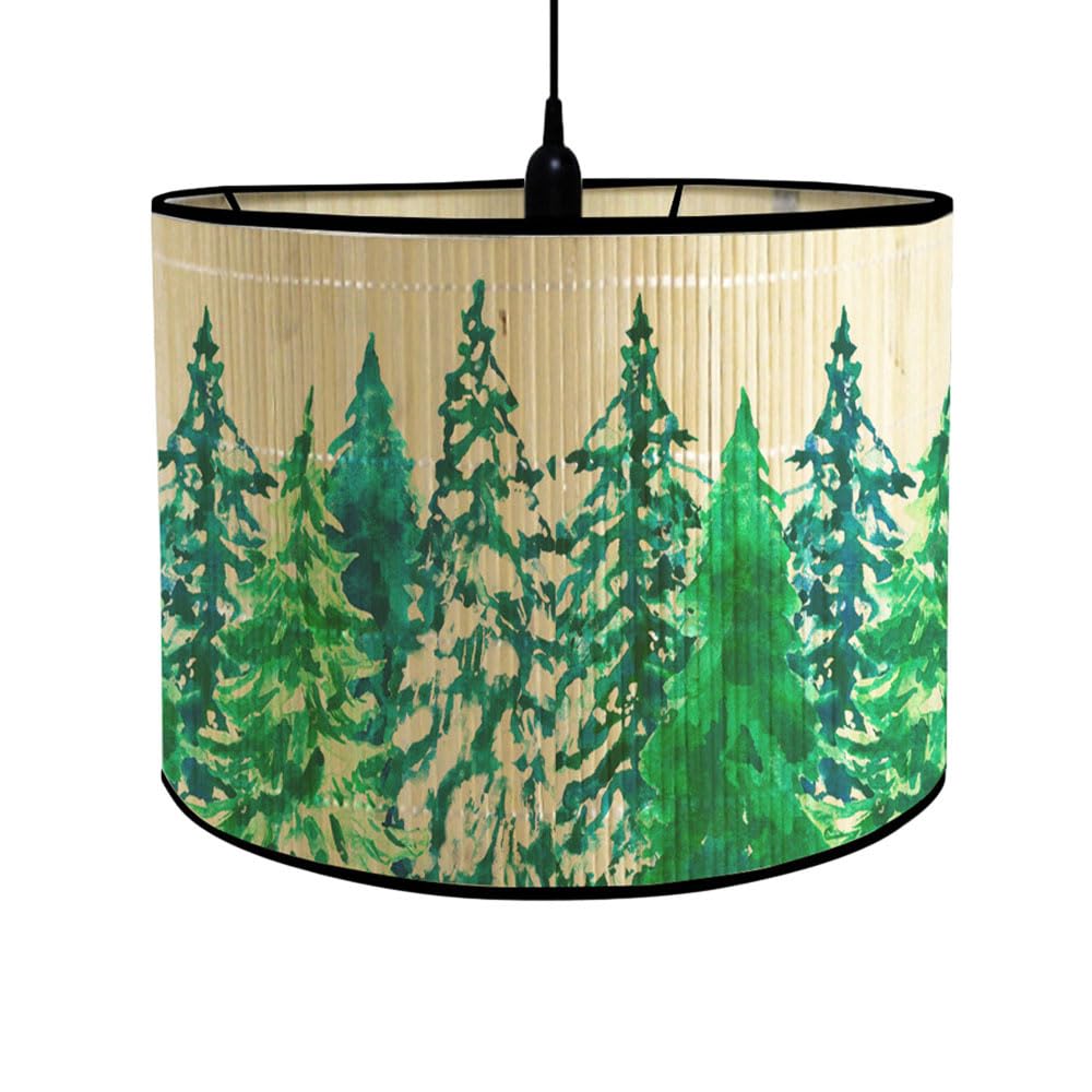 FANSU Round Drum Light Shade for Table Lamp, Modern Vintage Green Plant Pattern Pendant Lampshades Easy Fit for Living Rooms, Bedroom, Hallways, Reading Room (Cedar)