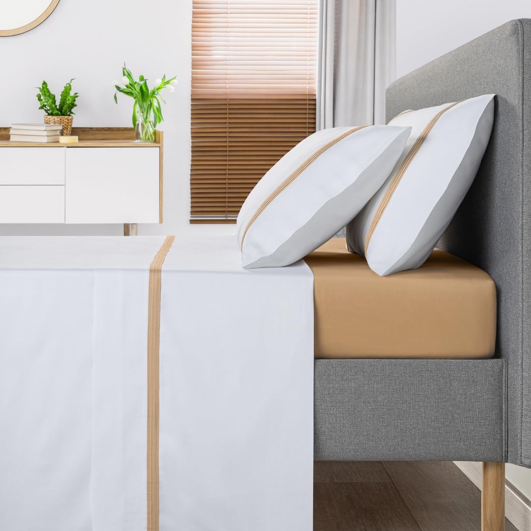 Juego de Sábanas Blancas con Franja de Tela en Tonos Amarillos 679-300 Hilos de Algodón Satén - Sábanas para Cama 150/160 con una Funda de Almohada de 45x175 cm