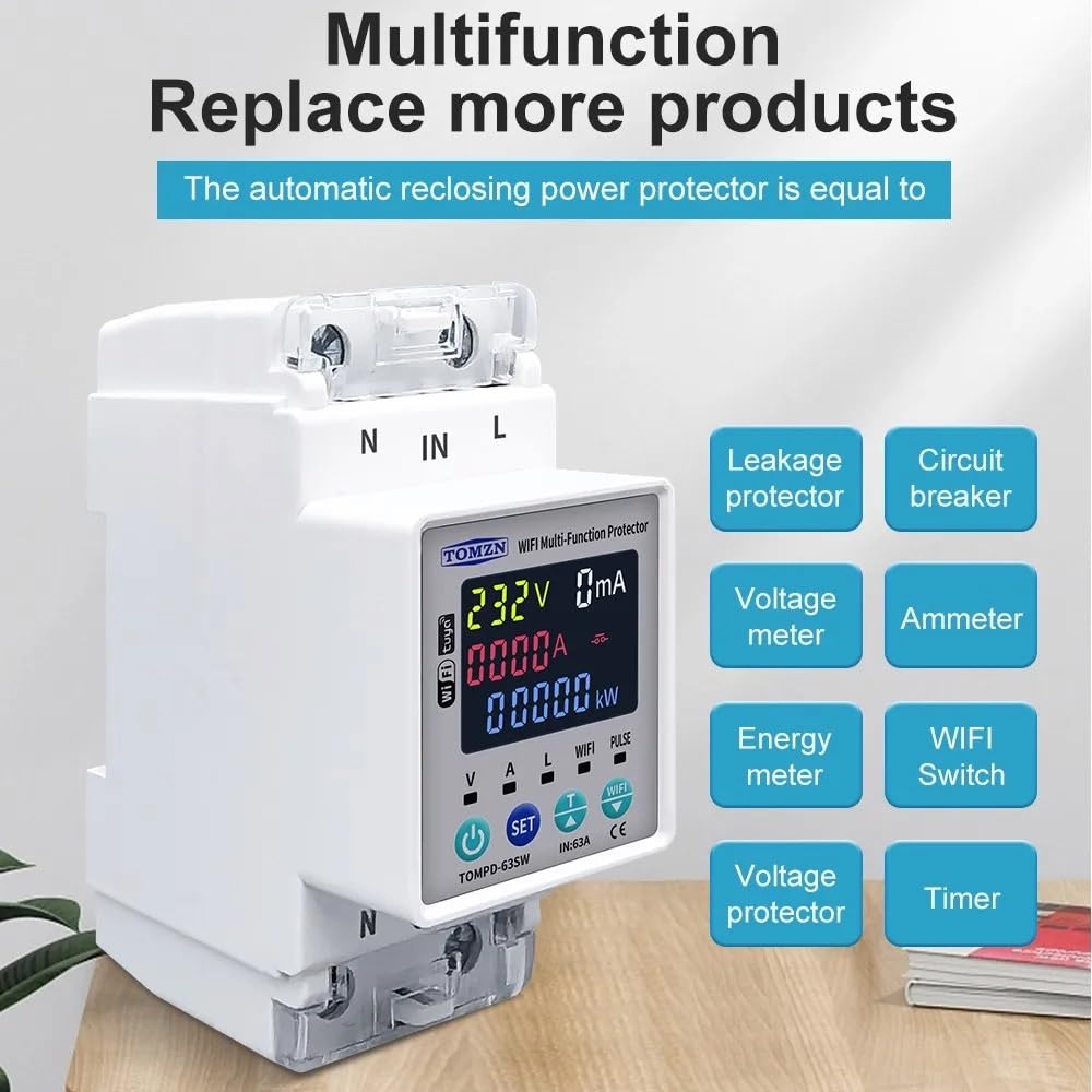 Interruptor Diferencial Salvavidas， Interruptor Inteligente Con Wifi, 2P, 63 A, 110 V, 220, Temporizador Medición De KWh, Protección Contra Voltaje, Corriente Y Fugas(WIFI TOMPD-63SW)