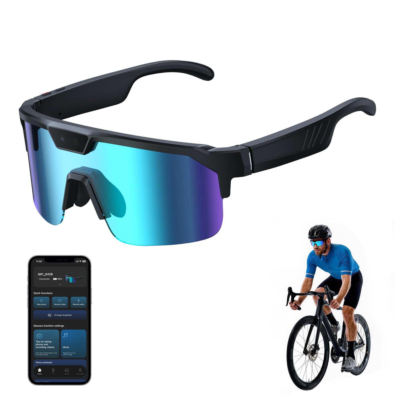 Lunettes Caméra Sport, Caméra 8 MP, Haut-Parleurs Ouverts, Verres Anti-éblouissants, Lunettes Connectées avec Vidéo, Photo et Détection IA d’Objets, AI Smart Glasses Pour Cyclisme, VTT, Randonnée