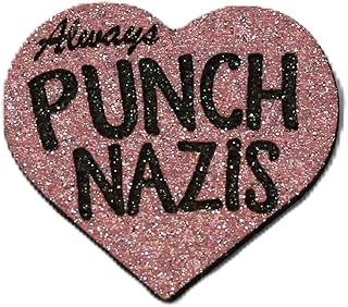 Always Punch Nazis Heart Wood Label Pin | Resist Fascism Pink Glitter Activism Brooch