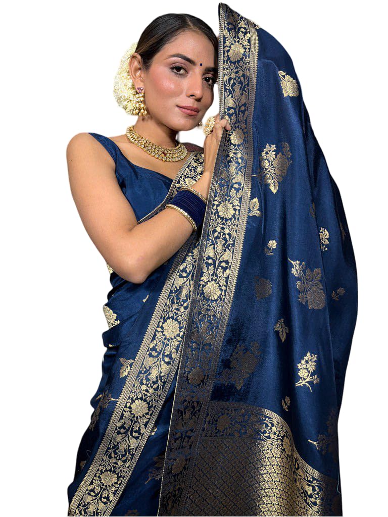 Flosive Women's Kanjivaram Silk Saree With Weaving Work With Blouse Piece And Zari Border (Blue)
