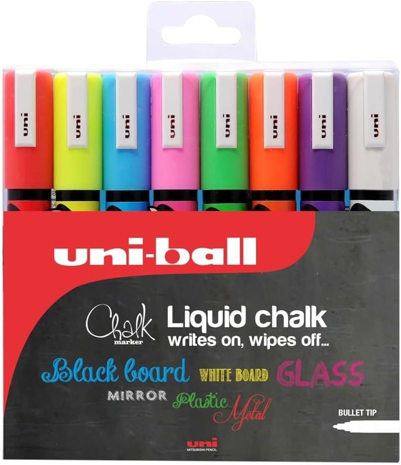 uni-ball PWE-5M Liquid Chalk Pens. Multi-Purpose Wipeable Coloured Markers for Blackboards, Chalkboards, Glass, Mirrors, Plastic, Windows, Metal. Safe for Kids. Bullet Tip. 8 Pack,1.8mm - 2.5mm