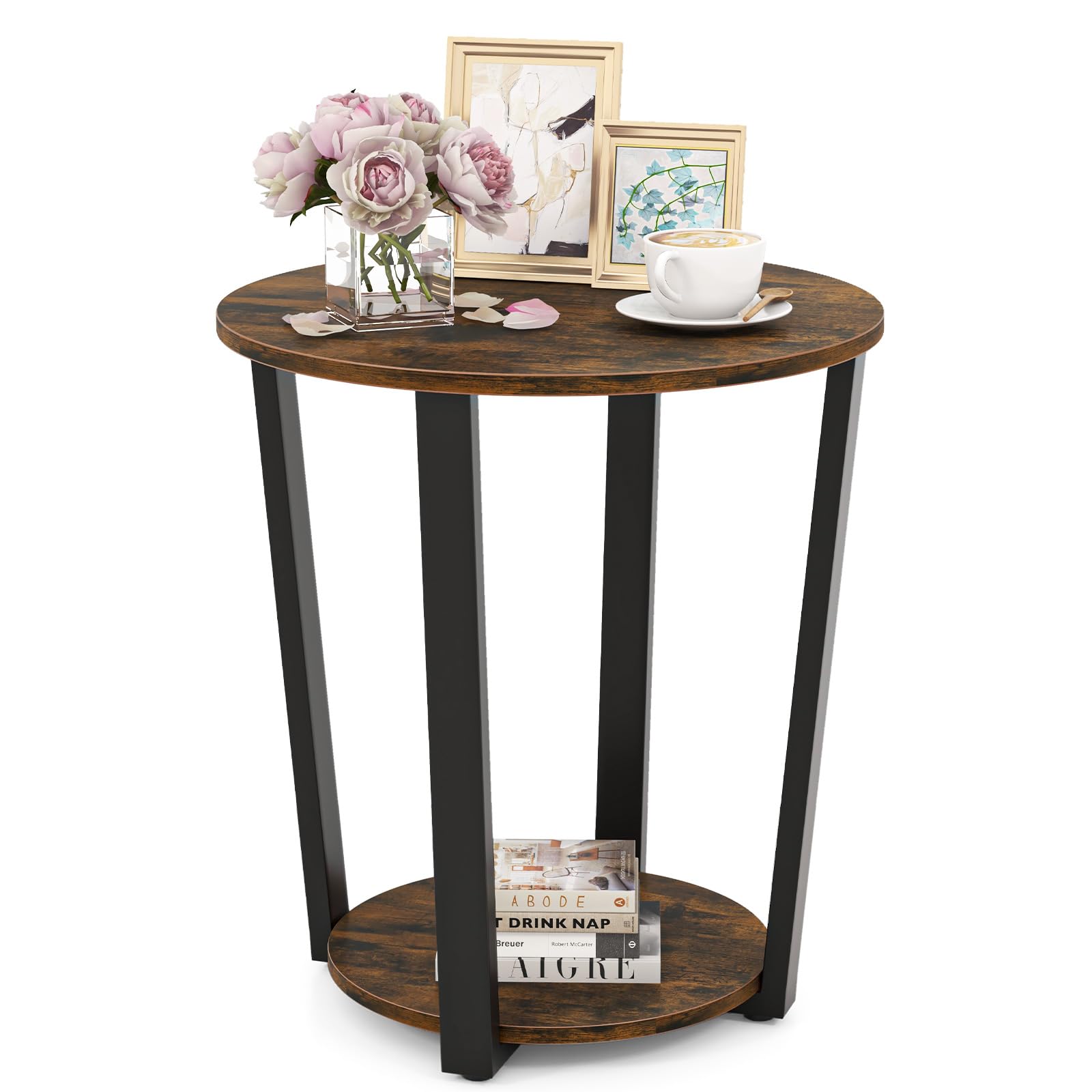 COSTWAY Ronde bijzettafel, salontafel met metalen frame, salontafel met 2 planken, industrieel nachtkastje voor woonkamer, slaapkamer, kleine ruimtes (vintage bruin