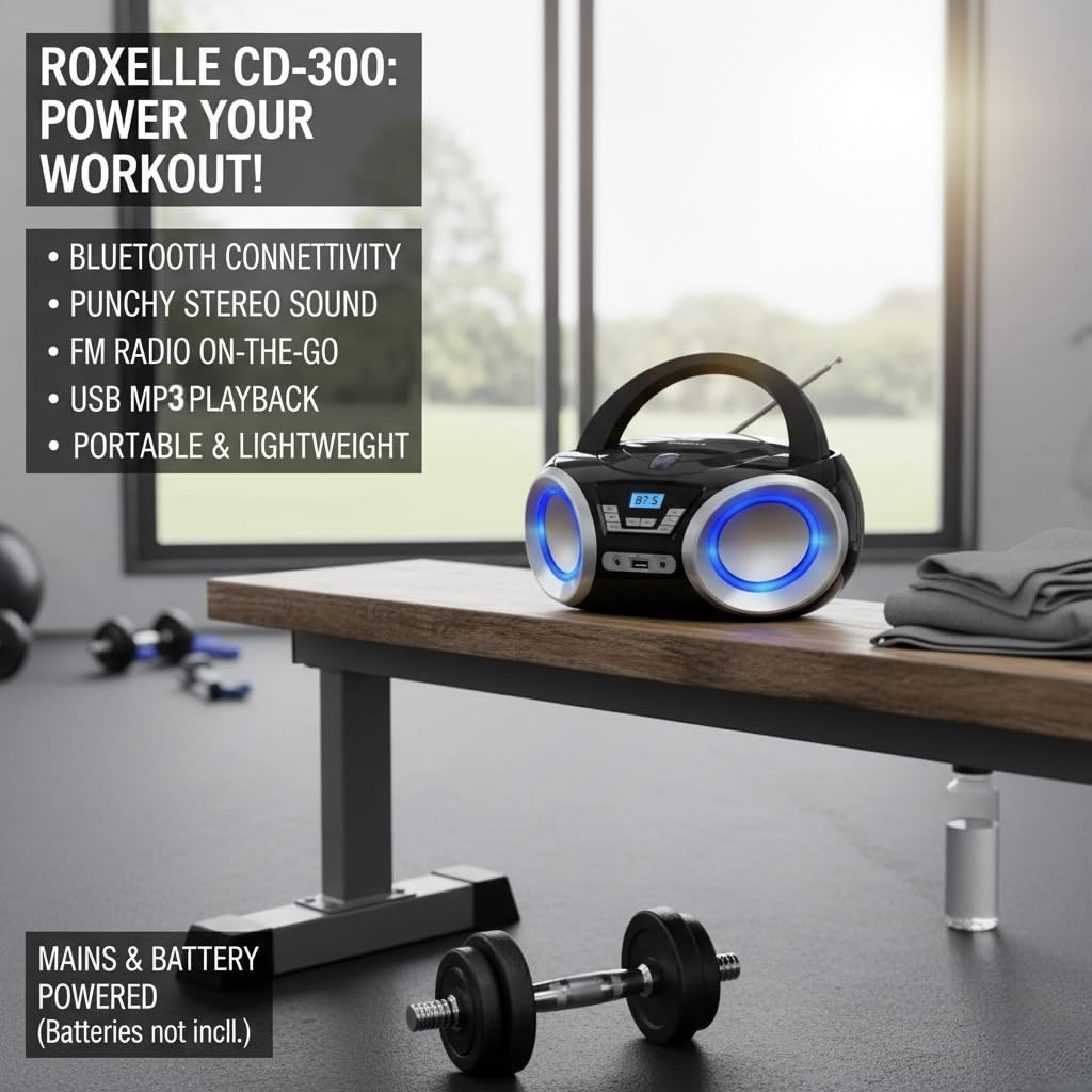 Lecteur CD portable CD-300 BT FM MP3 USB AUX éclairage RVB double alimentation AC batterie écran LCD prise casque