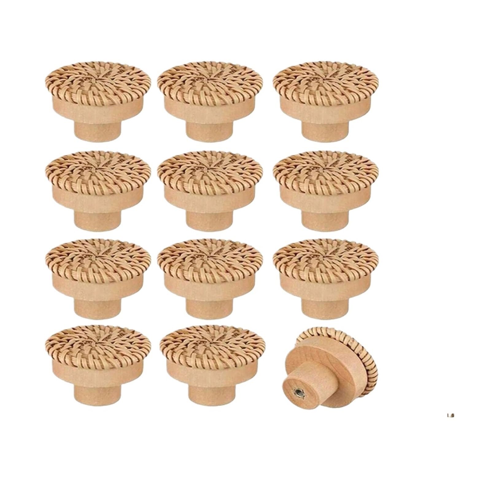 UBOHUZ 12PCS Rattan Knobs Wood Handles Handmade Wicker Woven Round Cabinet Pulls Wardrobe Dresser Drawer with Screws for Cupboard, Wardrobe(Color 2)