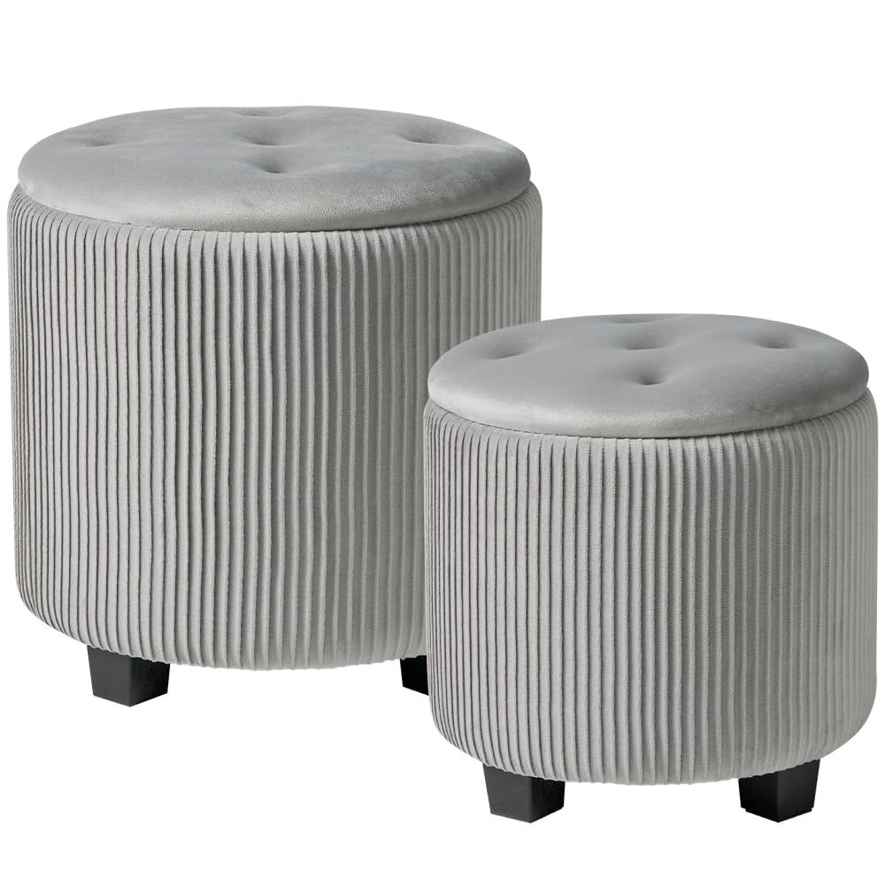 BLEXA Big Round Ottoman with Storage Set of 2,Upholstered Velvet Vanity Stool for Makeup Multifunctional Foot Rest Coffee Table Padded Seat Tufted