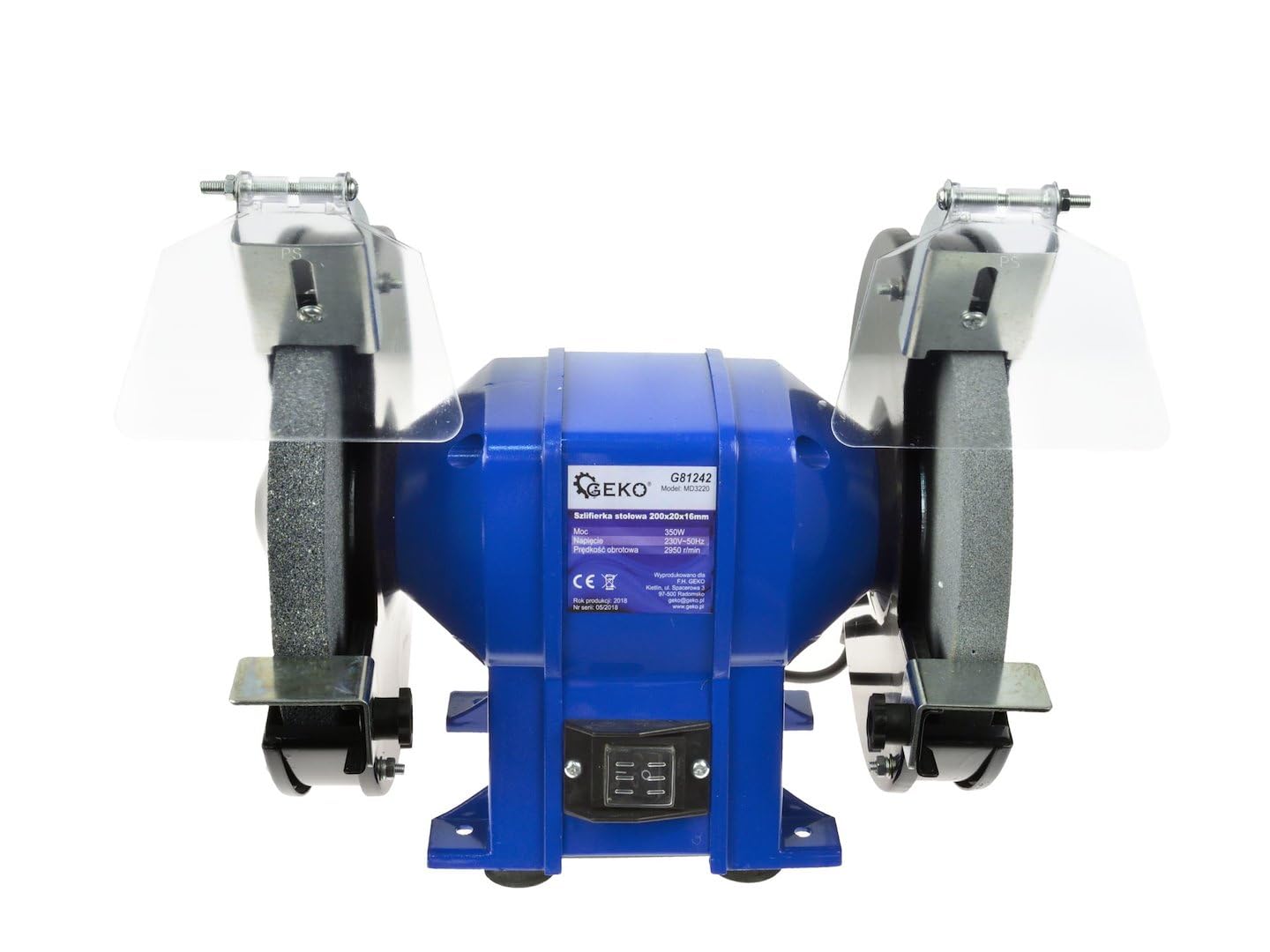 BSD Amoladora de banco profesional con discos de 200 mm para lijar y pulir - Motor 350W, velocidad 2950 rpm, base antideslizante y protectores oculares ajustables.