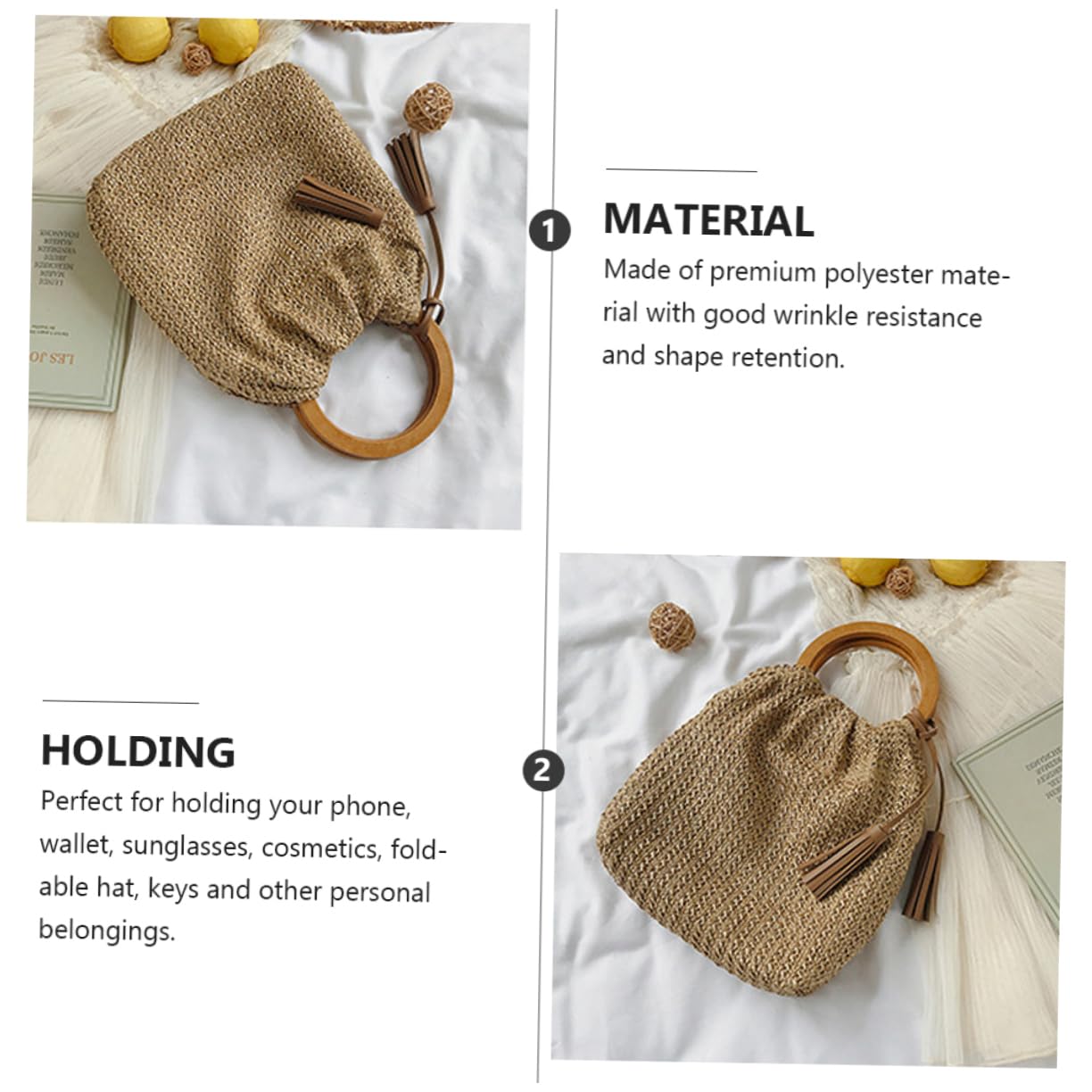 GALPADA Bolso De Playa De Verano Madera Maciza Bolso De Paja Trenzada Para Mujer Playa o Paseos