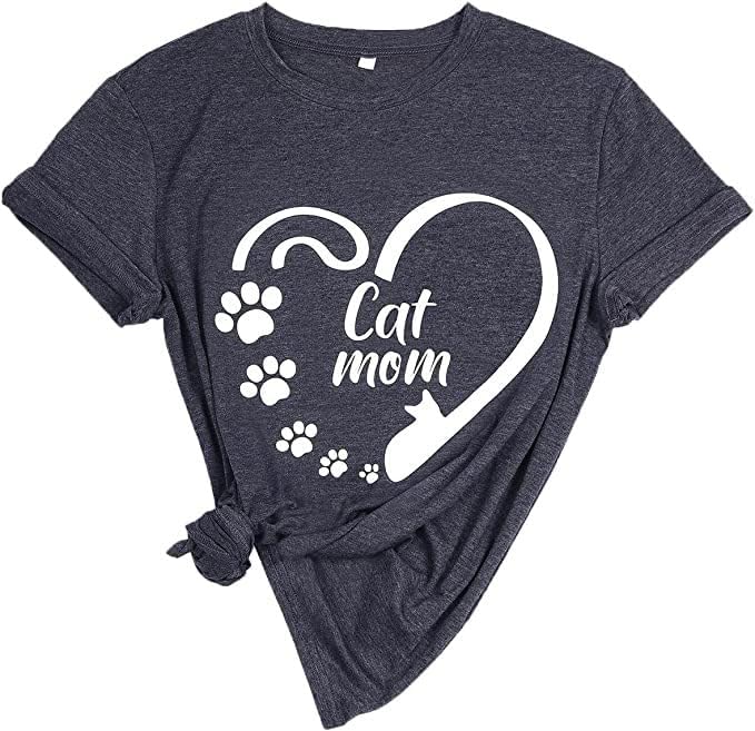 COLORFUL BLING Cat Shirt for Women Cat Mom Letter Print Tshirts Funny Heart Kitty Paw Graphic Tee