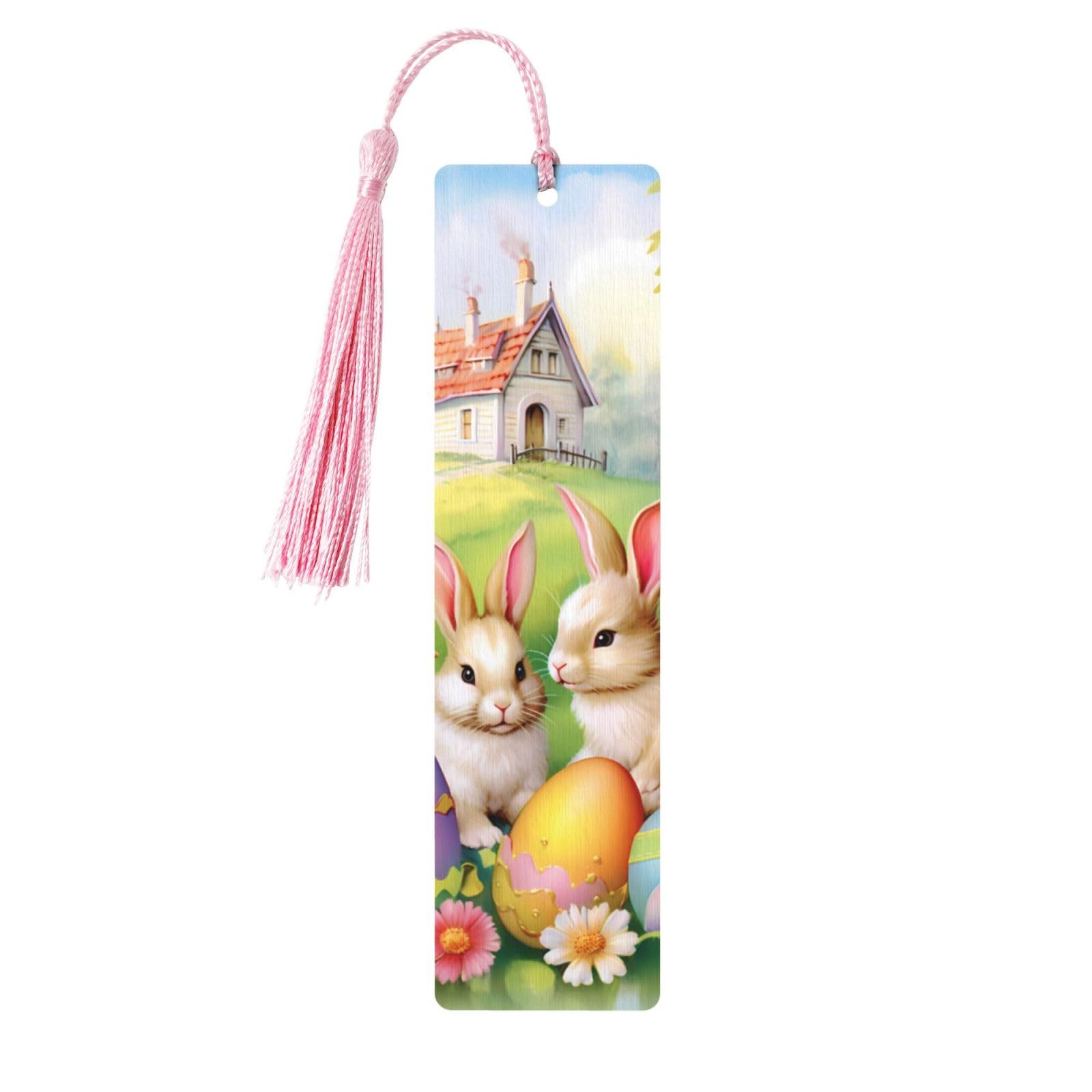 Cute Rabbits House Double-Sided Print Cute Rabbits House Bookmarks Wooden Book Marks with Pink Tassel, Spring Easter Eggs Lightweight Page Markers Reading Accessories