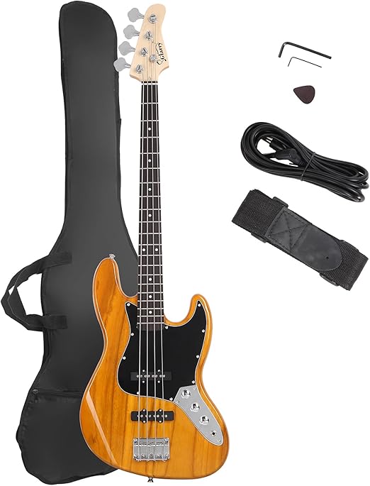 GLARRY 4 String GJazz Electric Bass Guitar Full Size Right Handed with Guitar Bag, Amp Cord and Beginner Kits (Transparent Yellow)