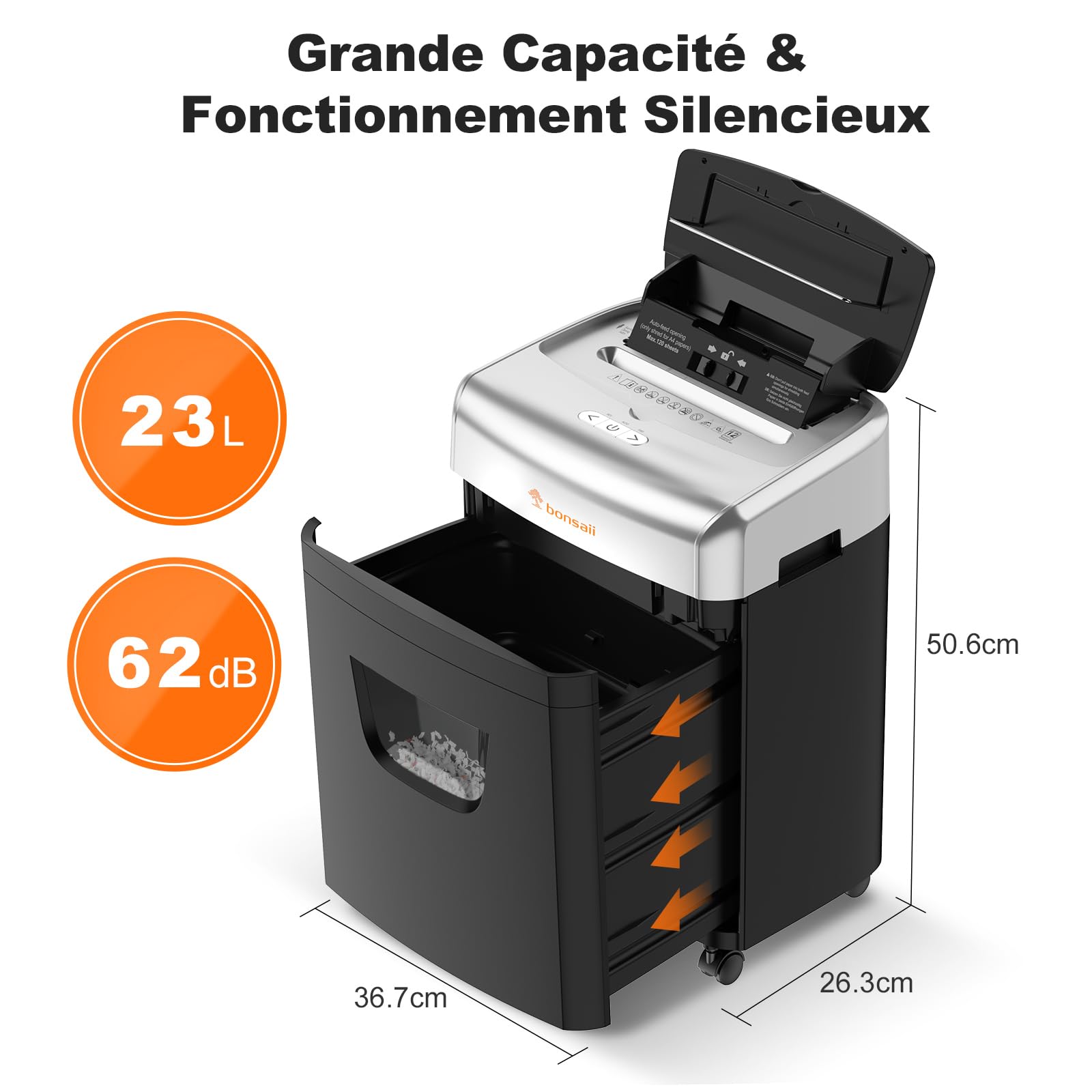Bonsaii 120 Feuilles Destructeur de Documents avec Alimentation Automatique, Micro-découpe P-4, Extrêmement Silencieuse avec 62 DB (C233-B) | C233-B Récipient silencieux de 23 l pour le bureau et la maison