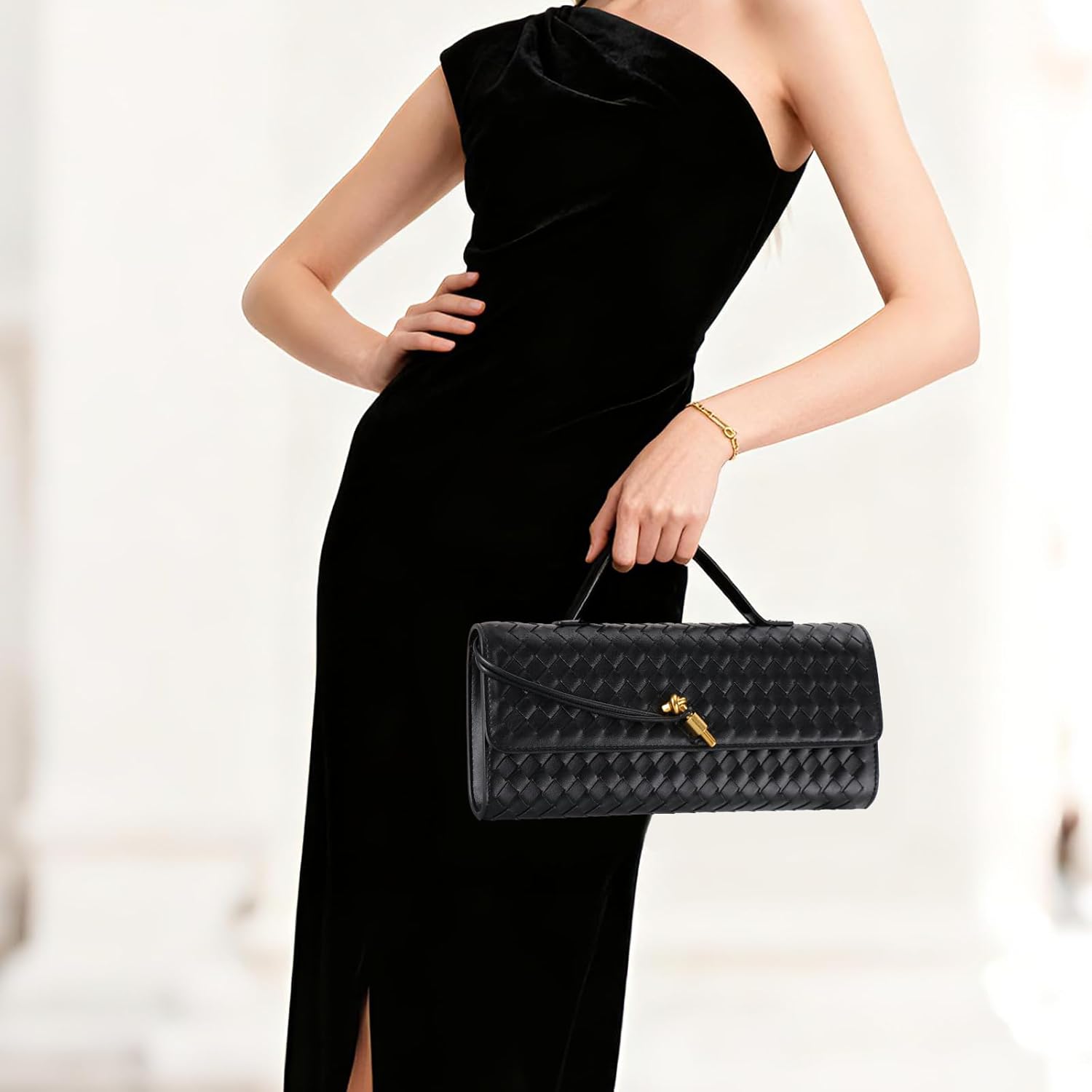 Pu Leather Evening Bag For Women,Woven Black Clutch Purse, Wedding Woven Purse Bag 11.8" x 1.7" x 4.9" - Image 3