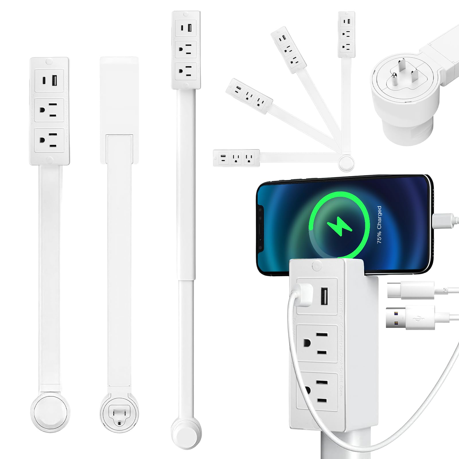 Photo 1 of Outlet Electrical Outlet Extender Stick, White, 17-27 Inch, USB-C, USB-A, 2 AC