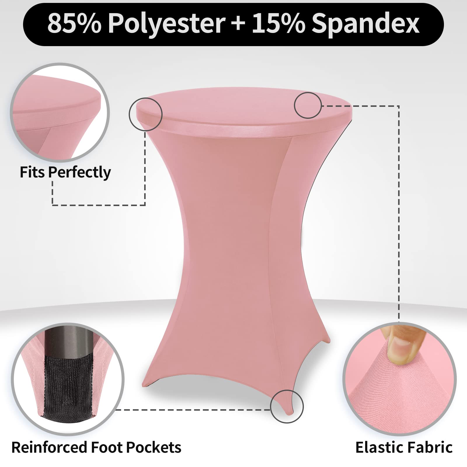 FestiCorp Paquete de 6 fundas de mesa de cóctel de elastano, mantel elástico redondo para fiestas, bares, bodas, cumpleaños, banquetes, color rosa, 30-32 pulgadas de diámetro x 40-43 pulgadas de alto