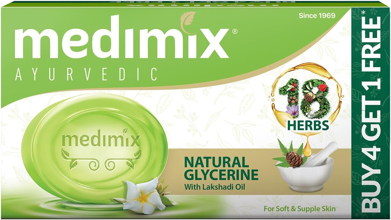 Ayurvedic Natural Glycerine Bathing Soap with Lakshadi Oil for Soft, Supple & Moisturised Skin 125G (Buy 4 Get 1 Extra Combo Pack) | Natural | Herbal | Paraben-Free & Sulphate-Free |100% Vegan