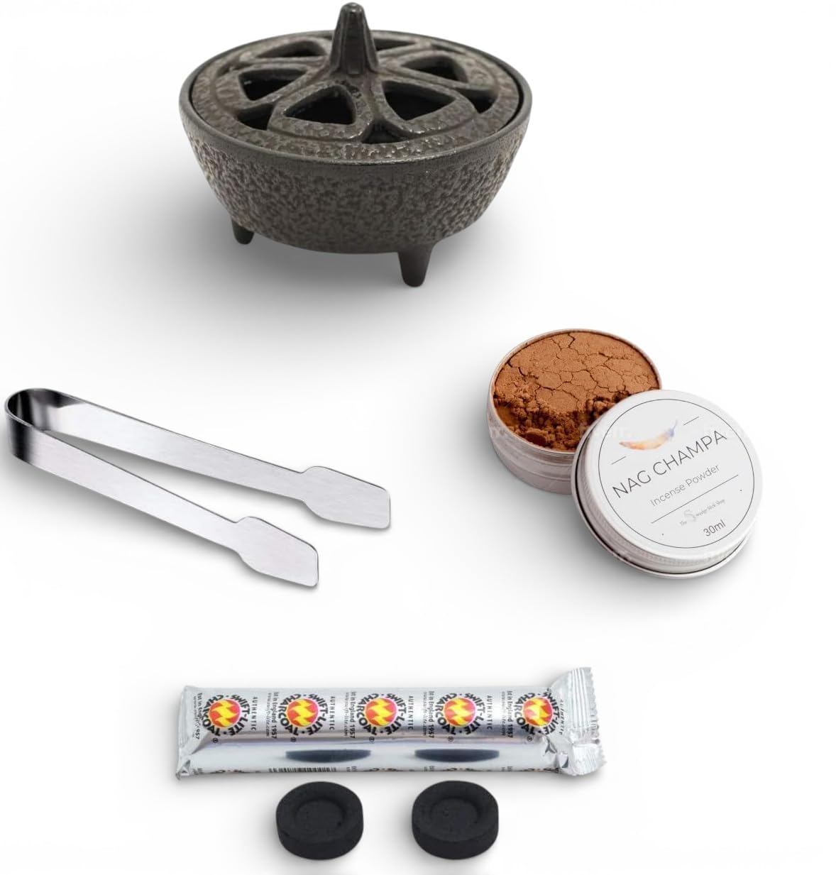 The Smudge Stick Shop Black Incense Burner Kit With Cast Iron Burner, Tin Of Fresh Nag Champa Powder, Charcoal And Tongs