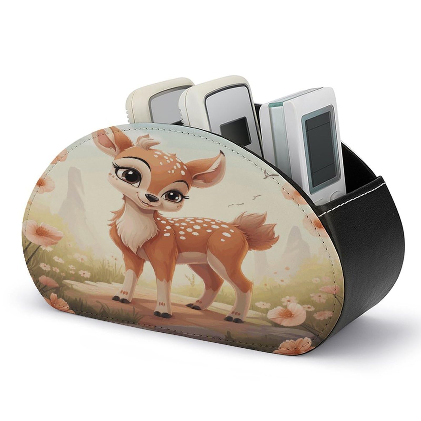 LZQPOEAS Lovely Deer Remote Control Holder with 5 Compartments PU Leather Remote Organizer Box Caddy for Table Nightstand Remote Caddy Desktop Organizer Fits Media Controllers