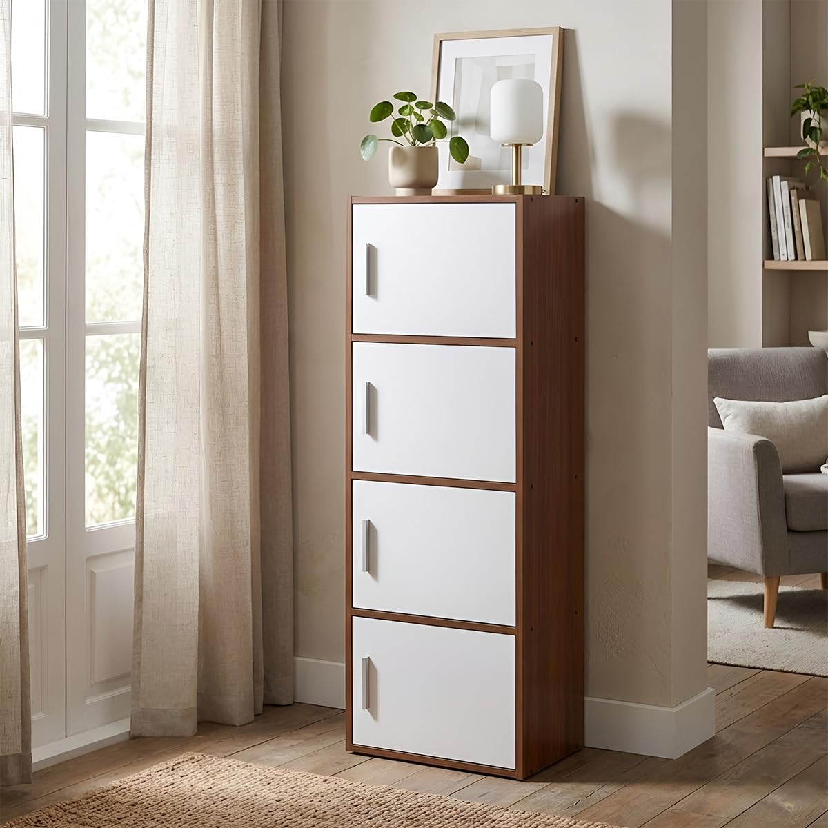 Nilkamal Sear 4 Tier Wooden Storage Cabinet | Free Standing Book Shelf with 3 Doors & 3 Spacious Shelves | Engineered Wood | Organizer for Home & Office | Classic Walnut & White | DIY(Do It Yourself)-picture-31