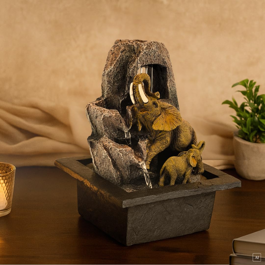 ABC Home | Zimmerbrunnen Elefanten mit LED-Beleuchtung – 27 cm Hoch – Feng Shui Wasserfall Glücksbringer – Dekorativer Tischbrunnen aus Polyresin