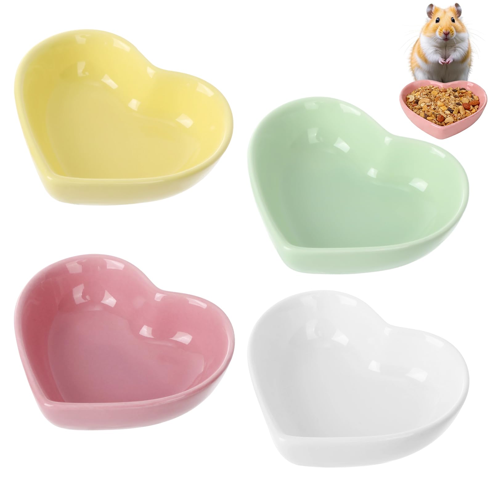 4 Pack Hamster Food Bowls Ceramic Guinea Pig Bowl Heart Shaped Small Animal Food Dish For Hamsters, Hedgehog, Gerbils, Mice and Guinea Pigs (4 Color)