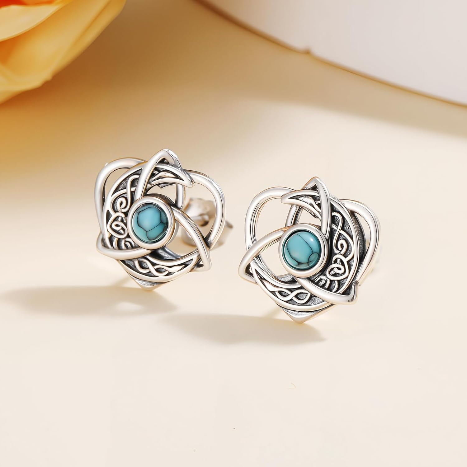 Celtic Moon Turquoise Earrings 925 Sterling Silver Hypoallergenic Crescent Celtic Heart Knot Stud Earrings with Turquoise Vintage Good Luck Irish Jewelry Birthday Mother's Day Gifts for Women - Image 2