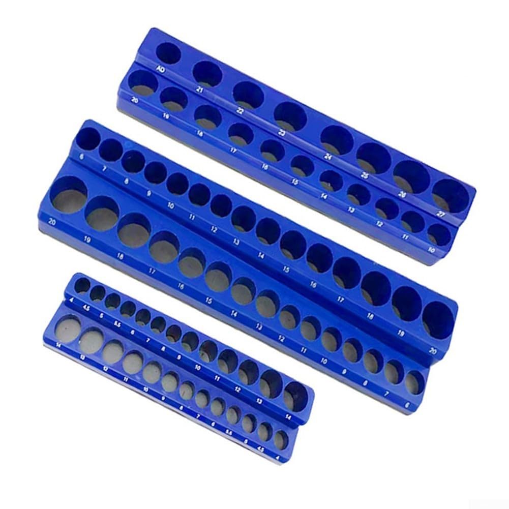 Supporto organizer per chiavi a bussola per chiavi a bussola metriche e SAE da 1/4", 3/8" e 1/2", vassoio magnetico in plastica con base antigraffio gommata, set da 3 pezzi (blu)