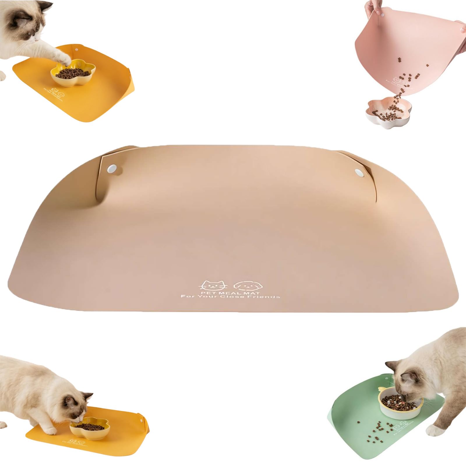 Cat Food Mat, Faux Leather Pet Feeding Mat with Snap-Button Raised Edge | Anti-Slip Waterproof Dog Bowl Placemat for Food and Water, Easy Clean Wipeable Floor Protector, 50x35 cm
