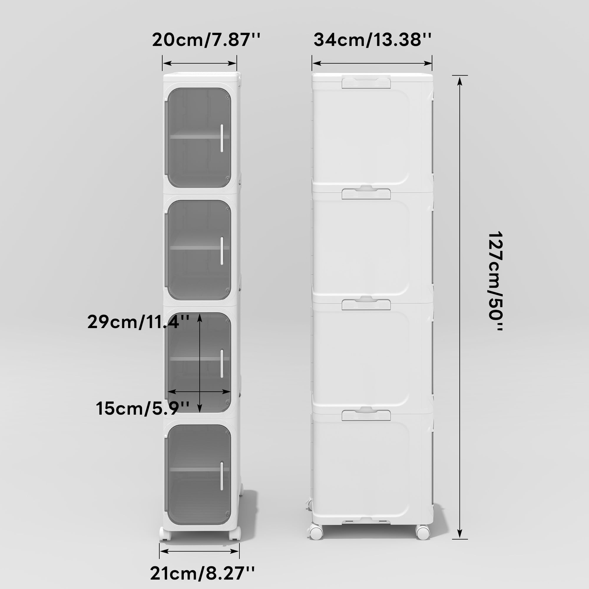 Schmaler Badezimmerschrank, freistehendes Aufbewahrungsmöbel aus Kunststoff mit Tür, wasserdichter Kleiner Rollwagen mit Rädern für Wohnzimmer, Küche (21W*127H*34D, 4 Ebenen)