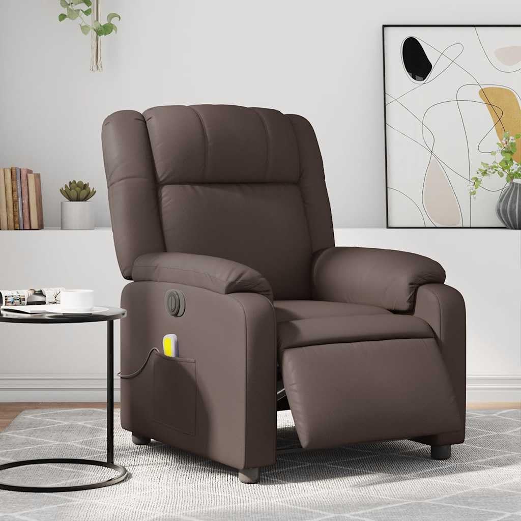 Massagesessel Elektrisch Braun Kunstleder mit 6-Punkt-Vibrationsmassage, Verstellbarer Rückenlehne und Fußstütze, Bequemer Polstersessel mit Holz-Metall-Gestell für Wohnzimmer Büro Lounge