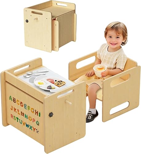 Acenova Montessori - Juego de mesa de destete y silla, mesa de madera para niños pequeños con gancho, muebles Montessori para leer, aperitivos,