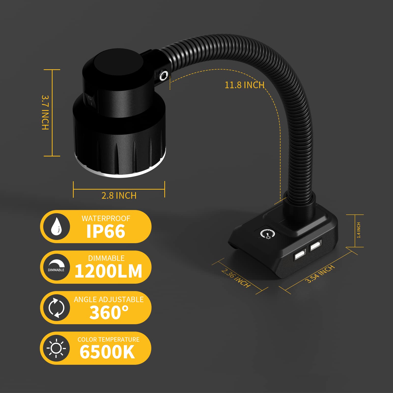 SHUNCANDA Schnurlose LED-Arbeitsleuchte 14,4V 18V 20v Akku, dimmbarer Scheinwerfer für Notfälle, Camping, Autoreparaturen, Outdoor mit USB und flexiblem Schwanenhals.(2 USBHarging Ports)