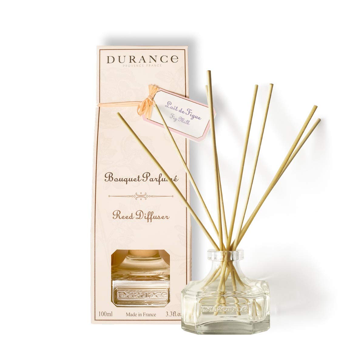 Durance Scented Reed Diffuser 100ml - Fig Milk Fragrance - Scented Bouquet Glass Bottle & 8 Wooden Reed Sticks - Aromatherapy Air Freshener - Room Fragrance