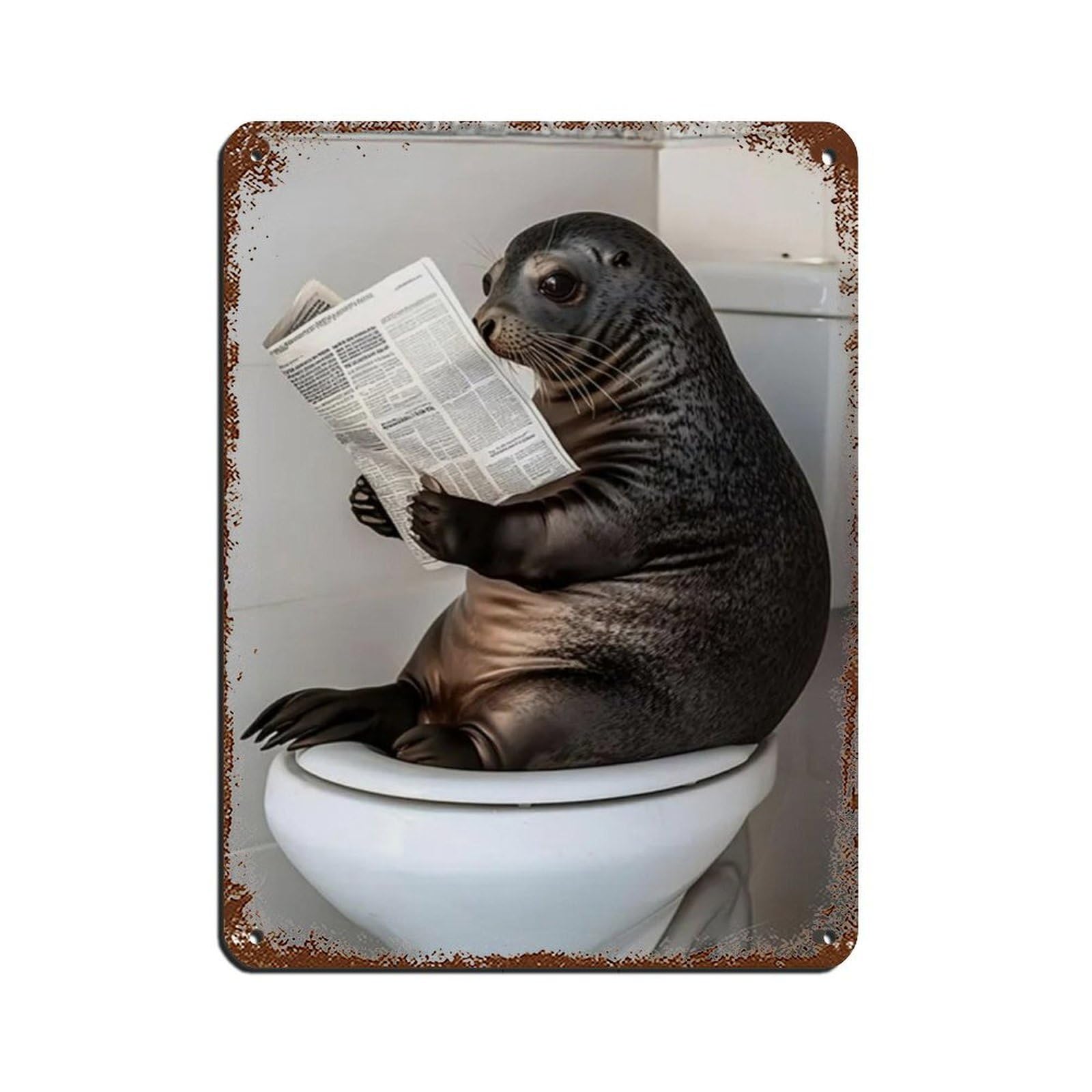 Seal Sitting on Toilet Reading Newspaper Retro Poster Metal Tin Sign Chic Art Retro Iron Painting Bar People Cave Cafe Family Garage Poster Wall Decoration 12x16inch(30x40cm)