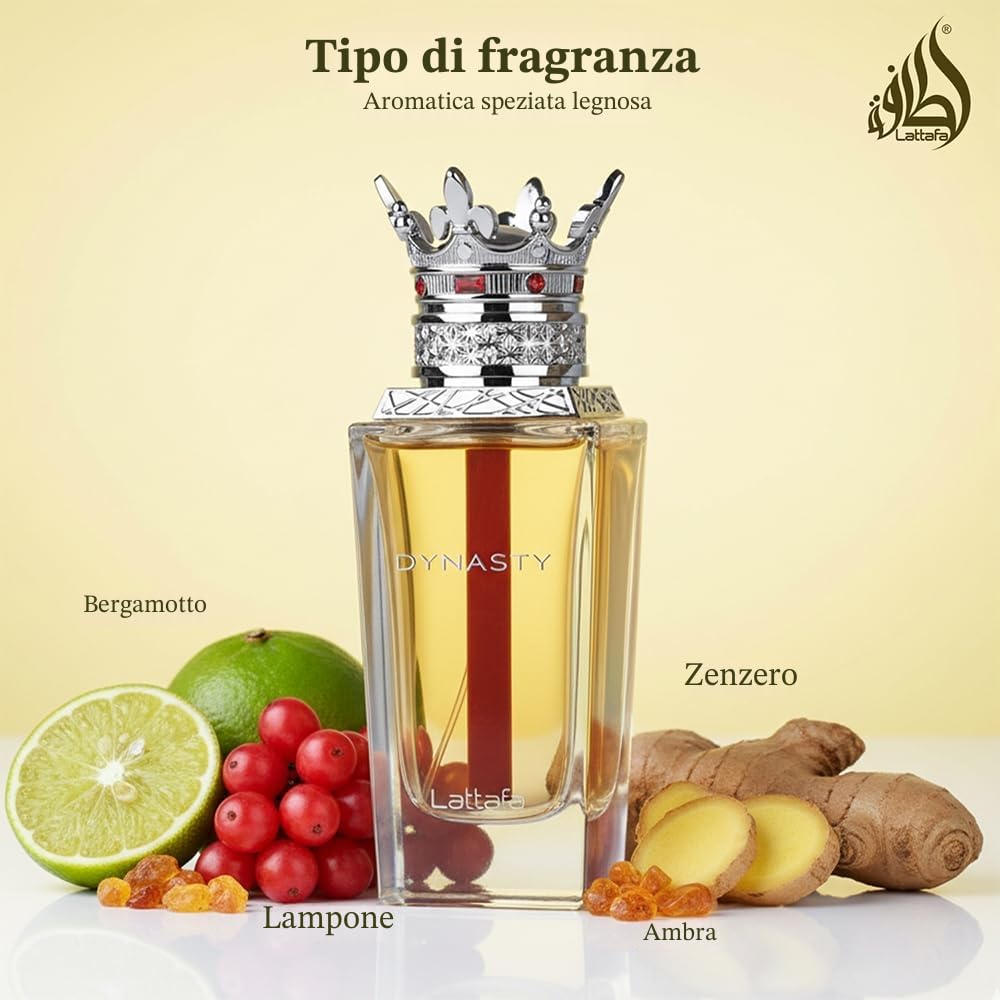 Lattafa Dynasty – Eau de Parfum spray a lunga durata, fresco, speziato, legnoso, aromatico, unisex, 100 ml