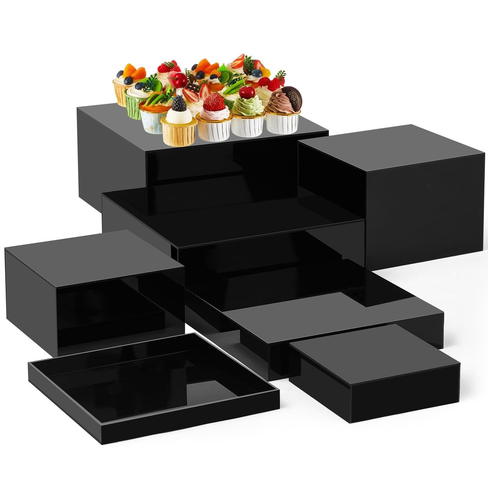 HEYOUTH Set de 7 elevadores grandes para buffet (15-30 cm) de acrílico – Cajas expositoras cuadradas con fondo hueco para mesas de postres, presentación de alimentos y suministros de catering (Black)