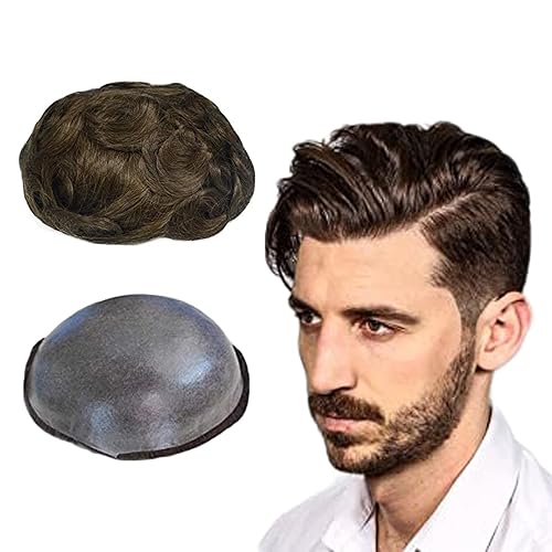 LLWear Toupee para hombres, cabello humano para hombre, 0.002 in, piel suave y fina, un solo nudo, natural, ondulado, sistema de reemplazo de